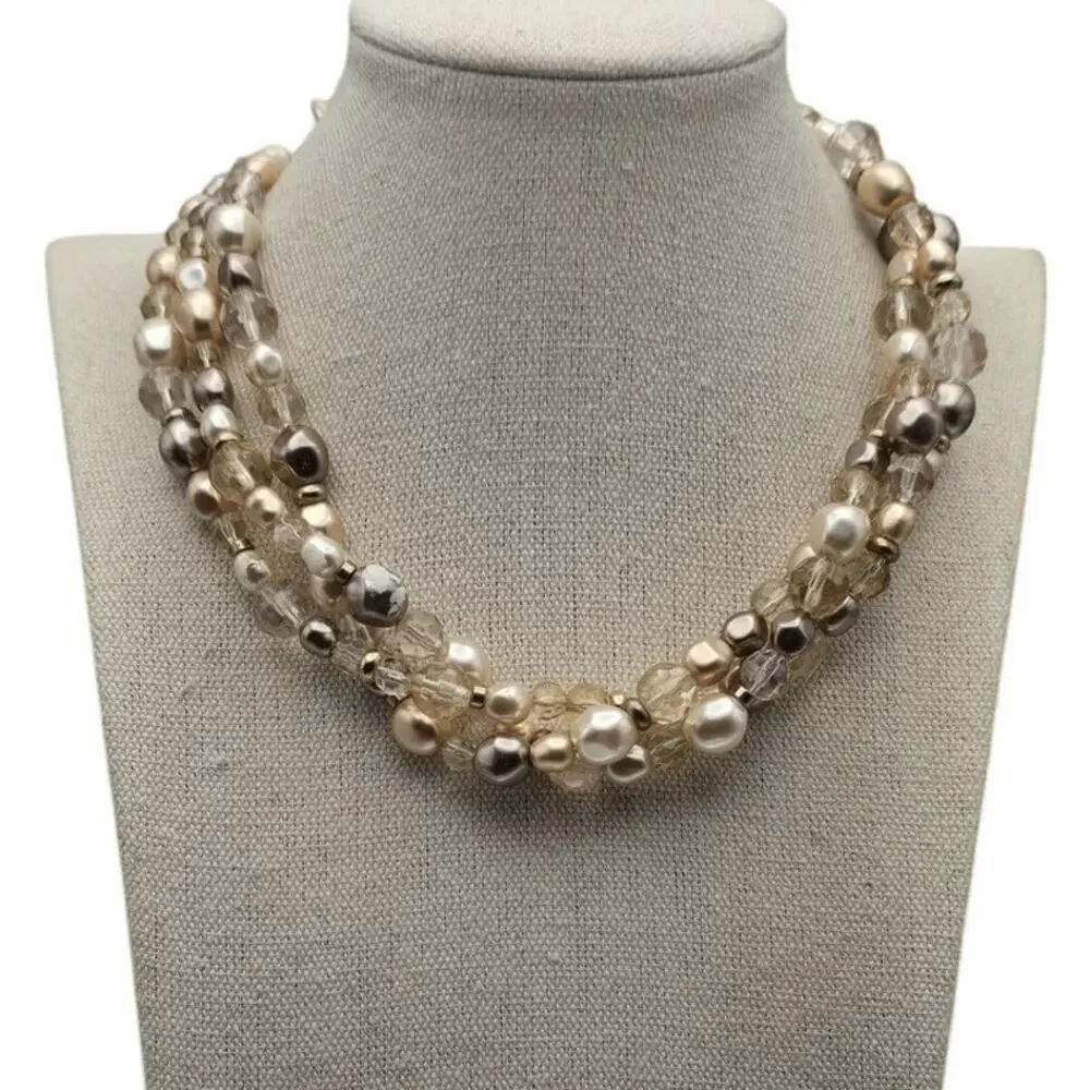 Champagne Pearl Crystal Multi Strand Necklace Quiet Luxury Evening Glam